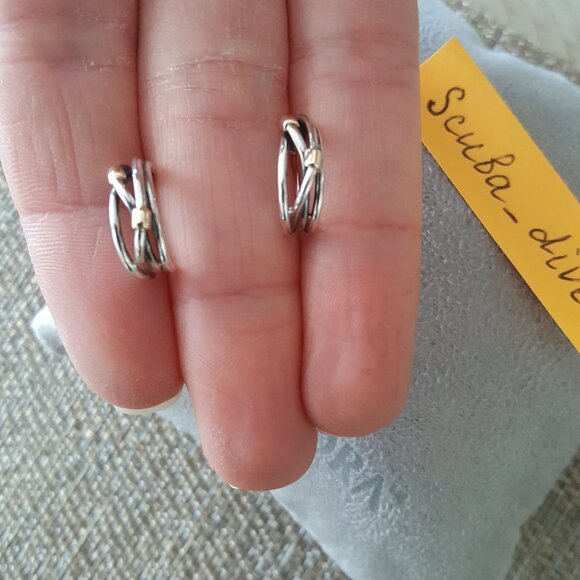 RARE Pandora Two-Tone 925 Silver 14K Gold Crossover Rope Hoop Huggie Earrings - Picture 3 of 12